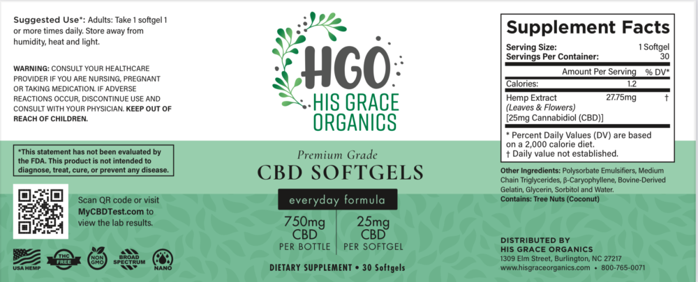 CBD Soft Gels (25 Mg) Product Label | His Grace Organics