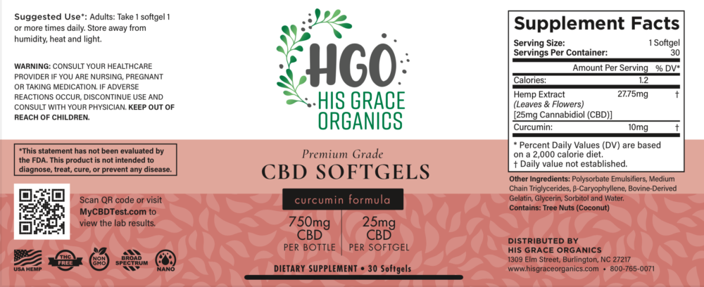 CBD Softgels With Curcumin Supplement Facts Product Label | His Grace Organics